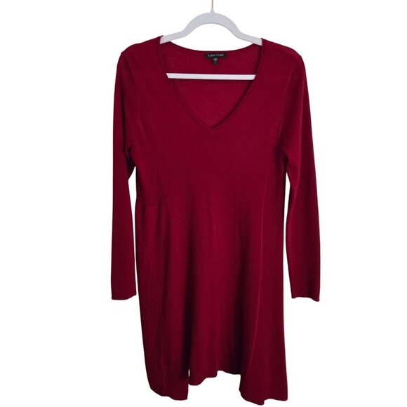 Eileen Fisher 100% Merino Wool Red Assymetric V Neck Sweater Dress Size S - Picture 1 of 6